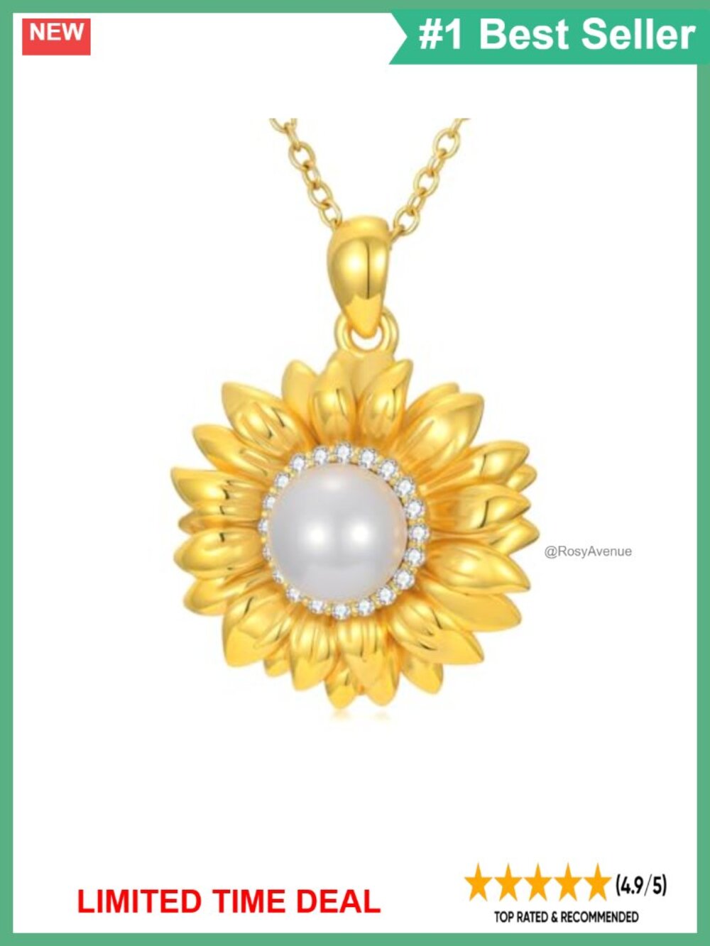 925 Sterling Silver Freshwater Pearl Diamond Sunflower Pendant Necklace 18K